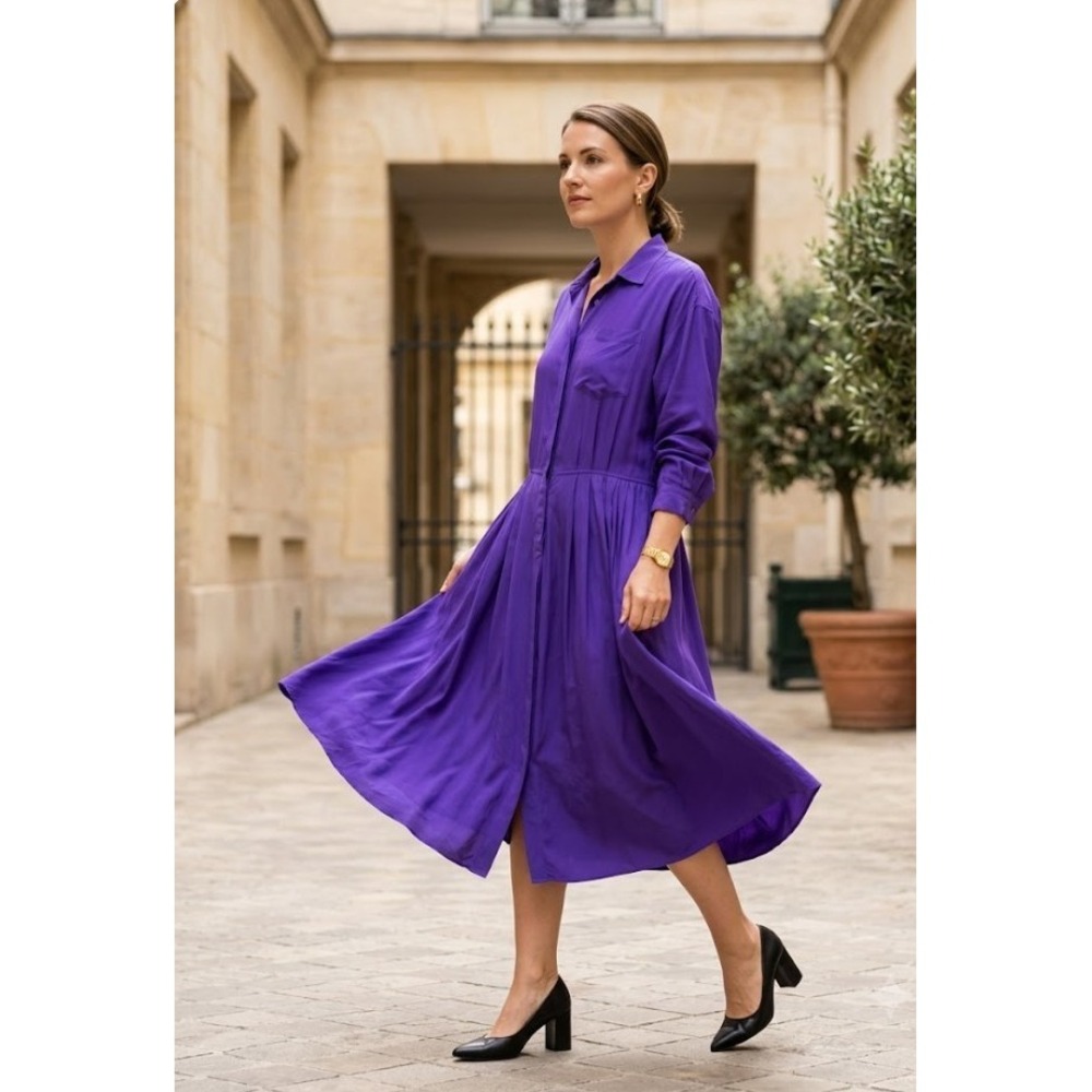 Vintage Liz Claiborne Silk Shirt Dress Purple Pleated Midi 90s Long Sleeve